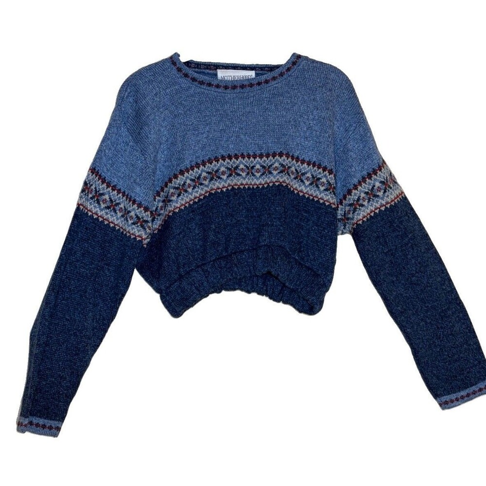 Vintage Style Motherhood Blue Fair Isle Pattern Knit Cropped Crewneck Sweater M